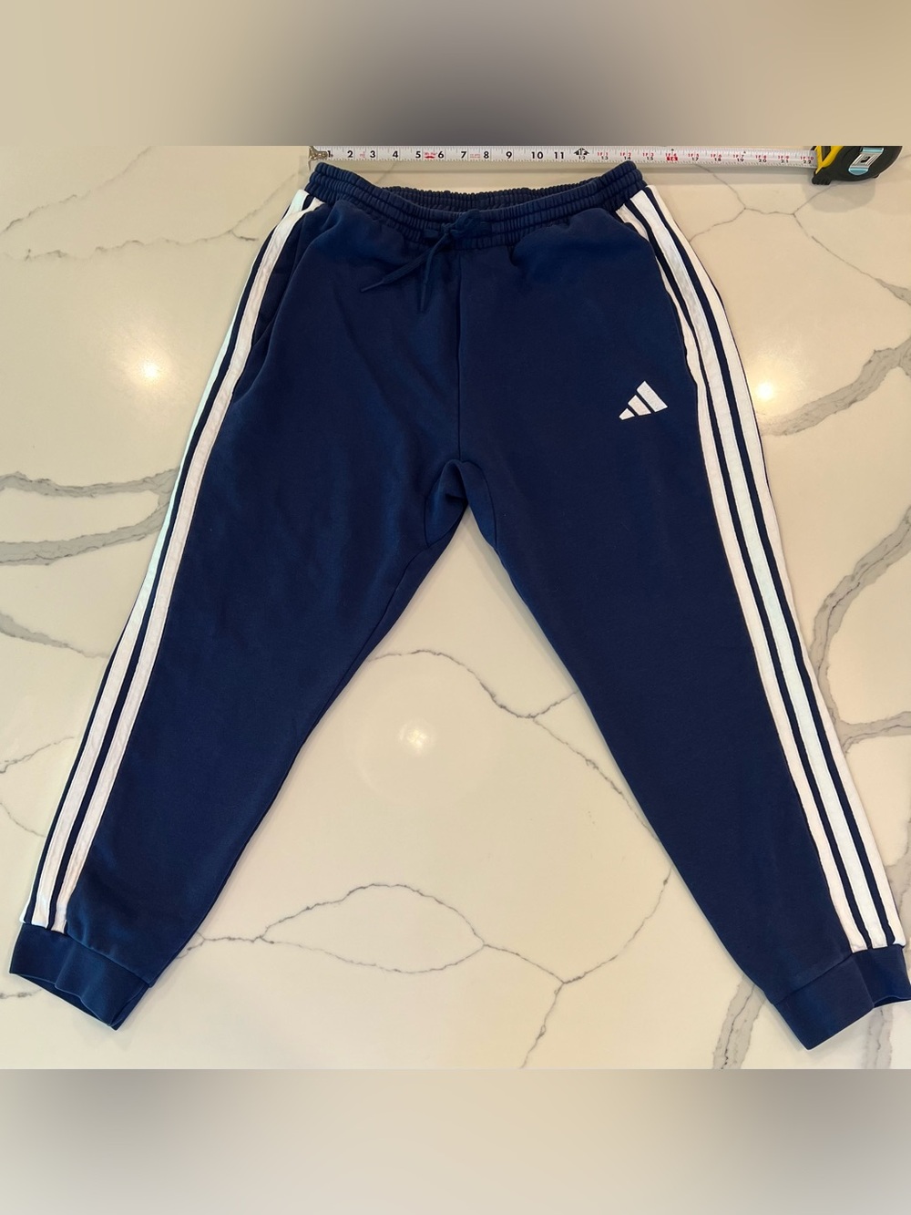 adidas Navy Joggers with White 3-Stripe Detail heavy fleece material
